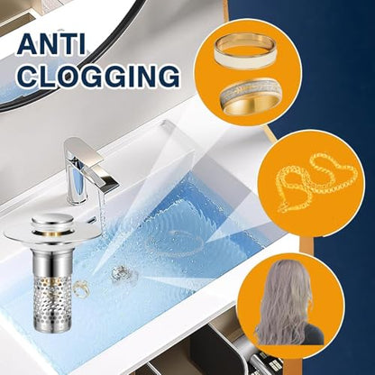 Bathroom Sink Drain Strainer 2 Pack,Bathroom Sink Stopper with Pop-Up Drain and Removable Hair Catcher, Stainless Steel Filter Basket, Fits Standard US Bathroom Sinks