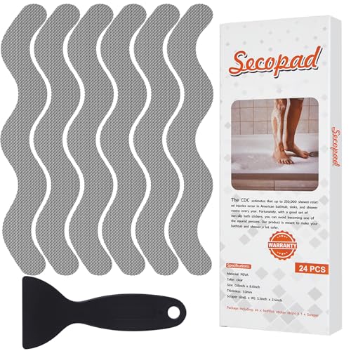Secopad 24PCS Anti-Slip Shower Stickers with Scraper, 0.8"*8", Grey | Patented, Non Slip, Easy to Use and Clean,Strong Adhesive & No Residue, For Bath Tub, Shower Floor, Stairs, Safe PEVA Decals - color: Gray