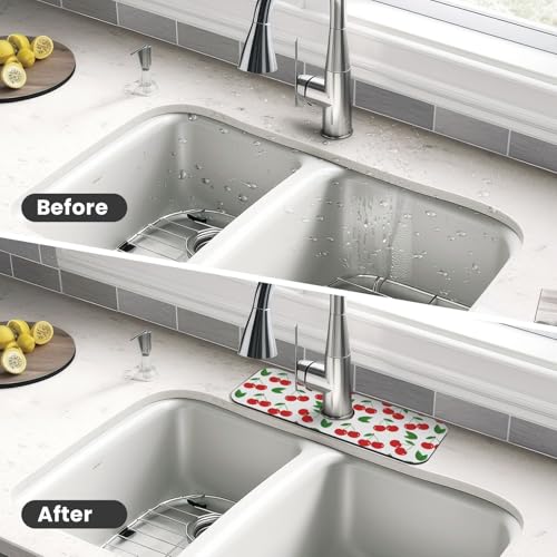 Fruit Cherry Red Cherries Leaves Leaf White Kitchen Sink Splash Guard Faucet Mat Super Absorbent Fast Drying Mat Sink Gadgets-Fast Drying Pad Sink Mat For Kitchen Bathroom (15" X 5.5" ) - color: Cherry Red