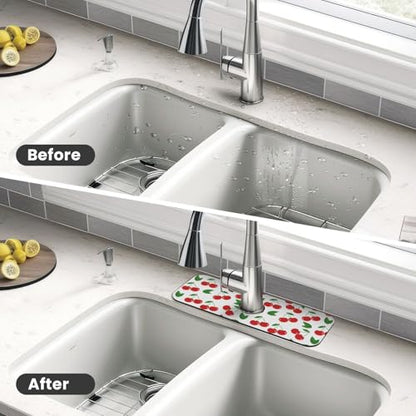 Fruit Cherry Red Cherries Leaves Leaf White Kitchen Sink Splash Guard Faucet Mat Super Absorbent Fast Drying Mat Sink Gadgets-Fast Drying Pad Sink Mat For Kitchen Bathroom (15" X 5.5" ) - color: Cherry Red