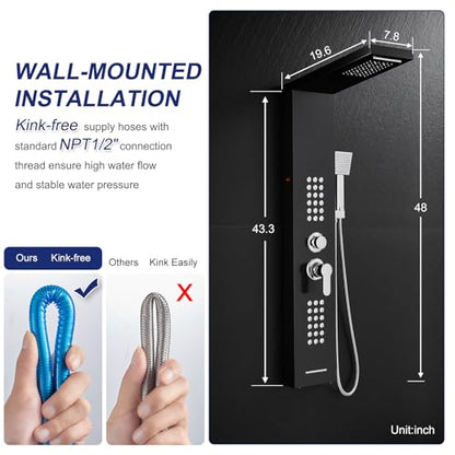 ROVATE 5 in 1 LED Rainfall Waterfall Shower Panel Tower System, Black | High Pressure Stainless Steel Shower Column with Tub Spout, Powerful Body Jets, Flexible Handheld, Brass Mixing Valve Body - style: 5 Modes-Black-2 Jets