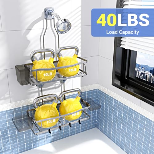 Aitatty Hanging Shower Caddy Bathroom Organizer: Rustproof Shower Shelf Racks Over Shower Head - No Drilling Inside Bath Shower Rack Shelves Over Showerhead for Shampoo with Soap Holder Silver | Includes Soap Holder and Hooks for Shampoo, Conditioner, and