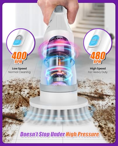 6-in-1 Cordless Electric Spin Scrubber with Long Handle | Power scrubber, bathroom scrubber, 47.2 in long handle, 2 speed scrub brush, IPX7 rated body, kitchen, tile, tub, floor - size: 6heads