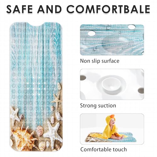 Bath Mat for Tub, Seashells Summer, 40 X 16 Inch, for Bathtub | Space Beach Wood Extra Long Shower with Suction Cups and Drain Holes for Kids Adults Elderly - color: Ocean Starfish Shell