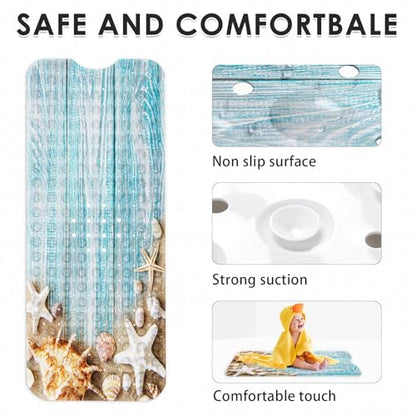 Bath Mat for Tub, Seashells Summer, 40 X 16 Inch, for Bathtub | Space Beach Wood Extra Long Shower with Suction Cups and Drain Holes for Kids Adults Elderly - color: Ocean Starfish Shell