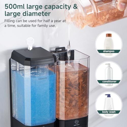 Shampoo and Conditioner Dispenser 2 Chamber No Drill Shampoo Dispenser for Shower Wall Mounted Shower Soap Dispenser 2 * 500ml Refillable Shower Dispenser for Bathroom Hotel(Black 2 Chamber) - color: Black-clear-2