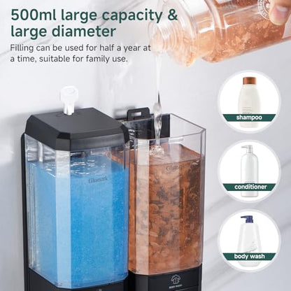 Shampoo and Conditioner Dispenser 2 Chamber No Drill Shampoo Dispenser for Shower Wall Mounted Shower Soap Dispenser 2 * 500ml Refillable Shower Dispenser for Bathroom Hotel(Black 2 Chamber) - color: Black-clear-2
