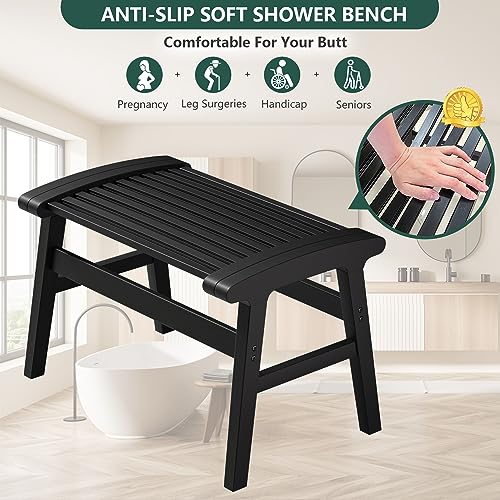 Shower Chair for Insider Shower, Bamboo Shower Bench with Big Soft Surface Waterproof Nonslip Shower Stool for Elderly Disabled, Sturdy Shower Seat 350 lbs Capacity for Bathroom, Living Room (Black) | Bamboo Strip Design, Comfort Sitting Experience, Sturd