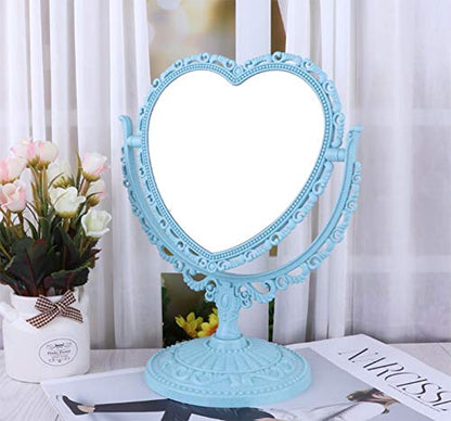 AKOAK Heart-Shaped Cosmetic Mirror - Plastic, Double-Sided, Rotatable, Lightweight Tabletop Mirror for Bathroom & Bedroom (Blue) | Plastic, Double-Sided, Rotatable, Lightweight Tabletop - color: Blue