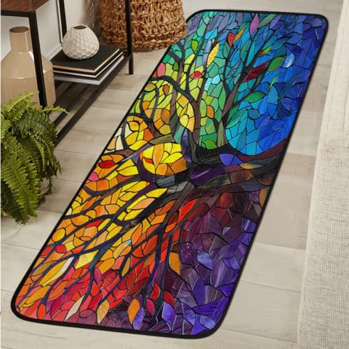 Rainbow Tree Long Runner Rug 2' X 6' Washable Soft Comfort Carpet Runner Non-Slip Absorbent Area Rugs for Indoor Hallway Kitchen Laundry Bathroom Entryway Bedroom Runner Mat - color: A:tree