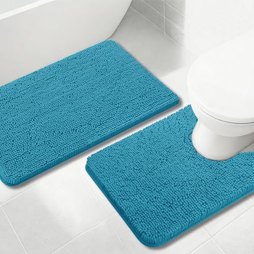 Bathroom Rugs Chenille, Extra Thick and Absorbent, Non-Slip, Machine Washable, Dry Quckily, Soft Cozy Plush, Used Under Shower Bathtub and Sink, Bath Mat Sets Turquoise - color: Light Blue, size: 20 x 32 inch + 20 x 20 inch (U-Shape)