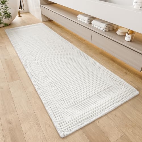 AMOAMI Waffle Bath-Mat, Absorbent Bath Mats for Bathroom Non Slip, Machine Washable Bathroom Rugs with Tassels Ultra Soft Boho Bath Rugs for Floor 2'x6'(24"x72") White - color: White, size: 24"x72"