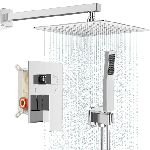 FPXRNG Shower Faucet Set Bathroom Square Rain Shower Head and Handle Set, Wall Mounted Shower Fixtures, Full Metal Trim Repair Kit 10 inch Polished Chrome (With Shower Valve) - color: ‎Polished Chrome, size: 10 Inch Wall Mount Shower Head