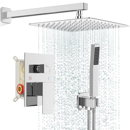 FPXRNG Shower Faucet Set with 10 Inch Polish Chrome Rain Shower Head | Pressure Balance Shower Valve and Trim Kit, SUS304 Square Shower Head and Handle Set, All Metal, Wall Mounted Shower Fixtures - color: Chrome, size: 10 Inch Wall Mount Shower Head