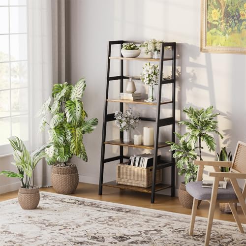 HITNET Ladder Shelf, 4 Tier Bookshelf with Bamboo Frame, Freestanding Bathroom Storage Shelving Unit for Living Room, Home Office, Bedroom, Rustic Brown and Black - color: Rustic Brown and Black