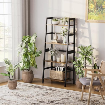 HITNET Ladder Shelf, 4 Tier Bookshelf with Bamboo Frame, Freestanding Bathroom Storage Shelving Unit for Living Room, Home Office, Bedroom, Rustic Brown and Black - color: Rustic Brown and Black