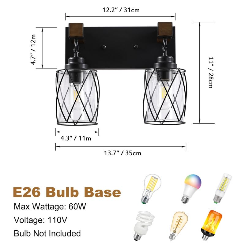 Bathroom Light Fixtures,Farmhouse Black Metal with Glass Shade | 2 Light Rustic Vanity Lights, Wood Accent Wire Cage Design, Mounts Over Mirror, Ideal for Bedroom & Hallway,Easy to Install - size: 2-Light