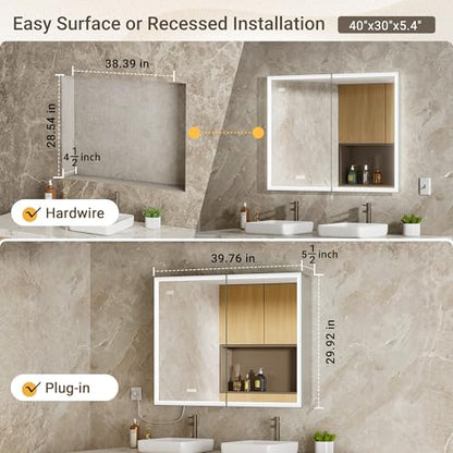 40x30 Front & Backlit Medicine Cabinet with Mirror, 155°Soft-Close Hinge, Surface or Recessed Dimmable Lighted Medicine Cabinet Mirror with Clock Outlet Inner Light,Anti-Fog - size: 40x30'' (Cabinet)