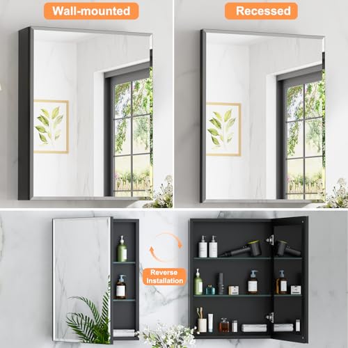24x30 Inch Medicine Cabinet with Beveled Mirror, Aluminum Medicine Cabinet | Double Side Mirror Door, Adjustable Glass Shelves, Surface or Recessed Mount Bathroom Mirrors with Storage, Black - size: 24 in. x 30 in.