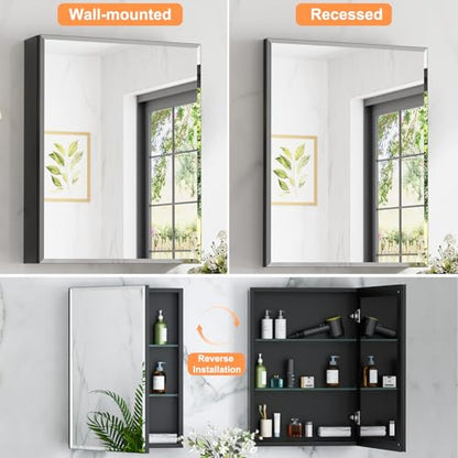 24x30 Inch Medicine Cabinet with Beveled Mirror, Aluminum Medicine Cabinet | Double Side Mirror Door, Adjustable Glass Shelves, Surface or Recessed Mount Bathroom Mirrors with Storage, Black - size: 24 in. x 30 in.