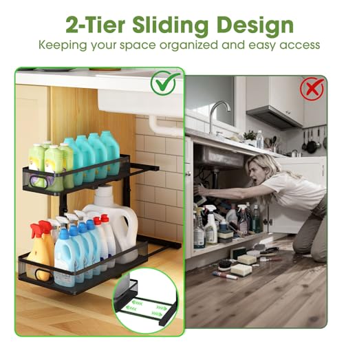 Under Sink Organizer 2-Pack, Metal 2-Tier Pull-Out Cabinet Shelf with Slide-Out Mesh Drawers, Height Adjustable, Space-Saving Under Sink Storage Racks for Kitchen, Bathroom, Laundry Room - color: Black