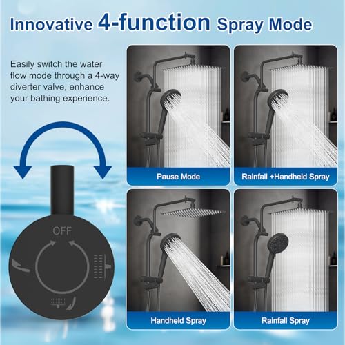 Metal 12" Rain Showerhead with 10-Spray Handheld, Easy Reach 4-way Diverter | Matte Black Finish, Upgraded High Pressure Shower Head with Pause Mode, 71" Stainless Steel Hose/12" Extension Arm - color: Matte Black, style: Square 12"