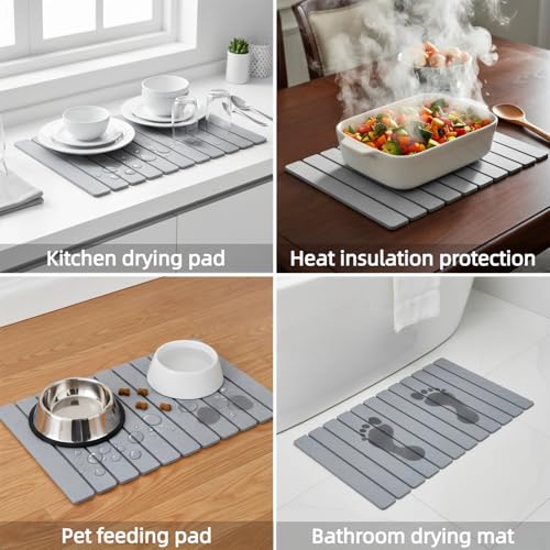 Collapsible Stone Dish Drying Mat for Kitchen Counter - 24" x 16" Diatomaceous Earth Mat, Super Absorbent & Quick Dry, Include Anti-Slip Pad & Sanding Tool, Grey