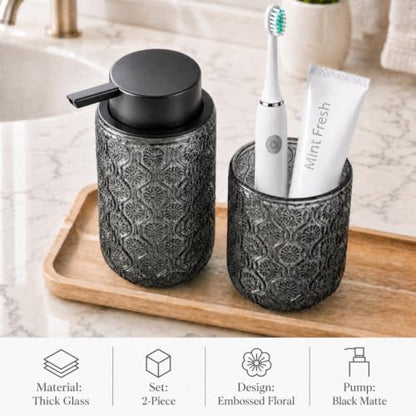 Bathroom soap Dispenser and Toothbrush Holder Set | Bathroom Accessories 2 pack cup and toothpaste holder grey glass - color: Deep Gray