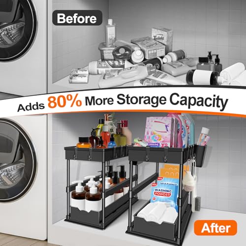 JPart Under Sink Organizer, Kitchen Organizers and Storage, 2-Tier Bathroom Cabinet Organizer with Sliding Drawers, Thickened Construction with Hooks Hanging Cup for Kitchen & Bathroom, 2 Pack