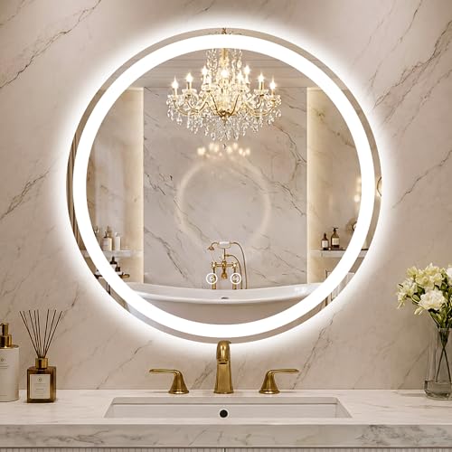 Round LED Bathroom Mirror with Lights, 36 Inch Circle Lighted Vanity Mirror | Anti-Fog, Dimmable 3 Colors, Backlit + Frontlit, HD Shatterproof Tempered Glass, Memory Function - color: 3 Light Modes Round, size: 36"L x 36"W