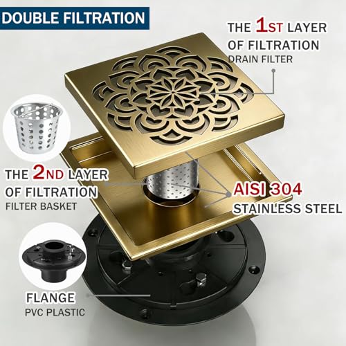 6 Inch Shower Drain, Square Shower Floor Drain Kit with Flange and Removable Cover Grate, AISI 304 Stainless Steel, Brushed Gold - color: Brushed Gold, size: 6 inches