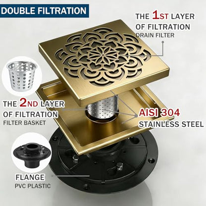 6 Inch Shower Drain, Square Shower Floor Drain Kit with Flange and Removable Cover Grate, AISI 304 Stainless Steel, Brushed Gold - color: Brushed Gold, size: 6 inches