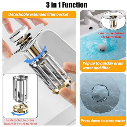 Anlige Bathroom Sink Drain Strainer, 2PCS 3 in 1 Pop Up Bathroom Sink Stopper with Removable Brass Basket Hair Catcher, Universal Sink Plug for 1.06 to 1.6in Drain Hole, Chrome Silver - style: Bathroom Sink Stopper Hair Catcher