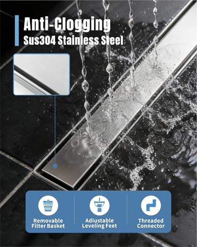 18 Inch Brushed Stainless Steel Linear Shower Drain | CUPC Certified 2-in-1 Tile Insert for Curbless Showers. 304 Steel, 15.8GPM Flow. Includes Hair Catcher & Adjustable Feet. - color: Brushed Stainless, size: 18in