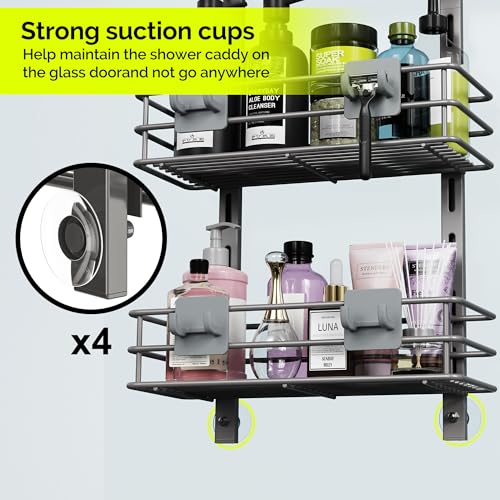 Orimade Over the Door Shower Caddy Adjustable 3 Tier Dark Grey,Bathroom Hanging Organizer Shelf Rustproof with 4 Hooks,Shower Basket with Soap Holder and Suction Cup - color: Dark Grey-3T