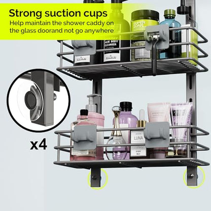 Orimade Over the Door Shower Caddy Adjustable 3 Tier Dark Grey,Bathroom Hanging Organizer Shelf Rustproof with 4 Hooks,Shower Basket with Soap Holder and Suction Cup - color: Dark Grey-3T