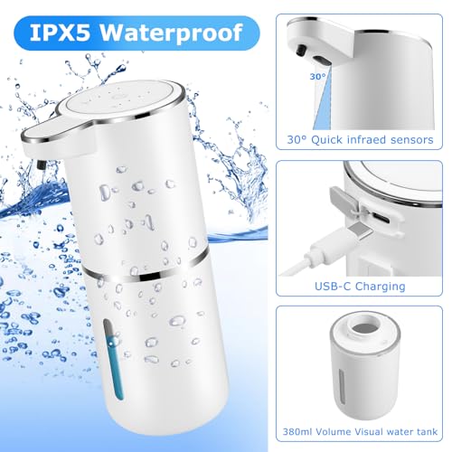 2 Pack Automatic Soap Dispensers,12.8oz/380ml USB Touchless Automatic Foaming Soap Dispenser,Rechargeabled Wall Mounted Smart Soap Dispenser for Bathroom Kitchen Dish Soap - color: White, size: Foam x2