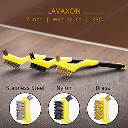 Wire Brush Set 3Pcs - Nylon/Brass/Stainless Steel Bristles with Curved Handle Grip for Rust, Dirt & Paint Scrubbing with Deep Cleaning – 7 Inches (Yellow) - color: Yellow