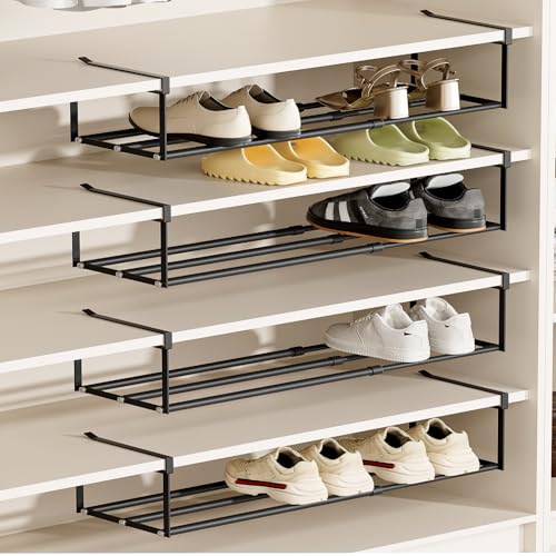 UFORU 4PC Expandable Shoe Rack for Closet,Hanging Shoe Rack Organizer,Black | Shoe Shelf Dividers,Adjustable Under Cabinet Shelf,Under Shelf Storage for Kitchen, Book, Clothing Storage and Organization - color: Black