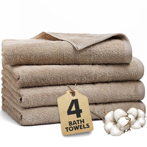 Bath Towels Set of 4 – 100% Ring Spun Cotton Beige Extra Large Towels for Bathroom, 550 GSM Spa Use (55x28 in) – Super Soft and Quick Dry Large Bath Sheets for Adults - color: Beige, size: Bath Towels