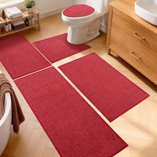 YIHOUSE Red Bathroom Rugs Sets 5 Piece, Quick Dry Thin Bath Mat with Toilet Rug - Non Slip Absorbent Machine Washable - Bath Runner Rugs for Bathtub Sink Home Decor - color: Red, size: 5 pieces