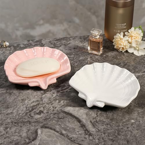 Ceramic Soap Holder, Sea-Shell Soap Tray with Self Draining, Soap Tray for Sink Washroom Bathroom Shower, Small Cute and Elegant Holder with Glaze, Easy Cleaning (White) - color: White