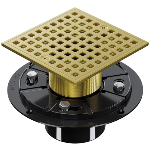 4 Inch Square Shower Floor Drain with Flange and Hair Strainer | SUS304 Stainless Steel, Anti-Clog, Brushed Gold Shower Drain with Hair Catcher, Removable Grid Drain Cover, For Bathroom - color: Brushed Gold