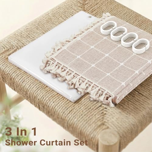 3-in-1 Extra Long Boho Linen Shower Curtain with Liner, 72x96, Taupe | Extra Long, 330GSM Linen Blend, Waterproof Clear PEVA Liner, Heavy Duty Cloth, 12 Hooks, Rustic Bohemian, Machine Washable - color: Taupe With Liner, size: 72"W x 96"L (Pack of 1)