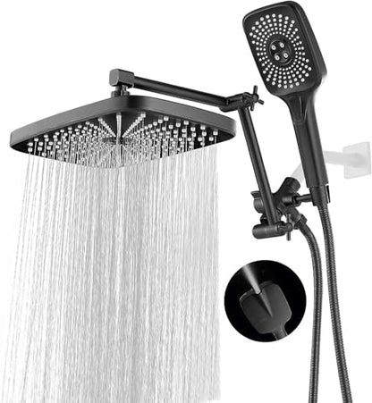 High Pressure Rain Shower Head with Handheld Spray Combo, 12 Inch Rainfall Shower Heads with Adjustable Extention Arm, Wide Dual Waterfall Showerhead with 3-Way Diverter(Matte Black) - color: Black, size: 12 Inch