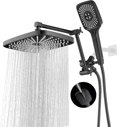 High Pressure Rain Shower Head with Handheld Spray Combo, 12 Inch Rainfall Shower Heads with Adjustable Extention Arm, Wide Dual Waterfall Showerhead with 3-Way Diverter(Matte Black) - color: Black, size: 12 Inch
