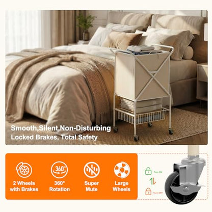 Laundry Basket with Wheels:88L Rolling Laundry Cart Foldable Metal Frame Dirty Clothes Laundry Hamper 36"H 4 Caster 2 Brake Waterproof Removable Liner Carry Handle for Dorm Laundry Room,Cream - color: Cream