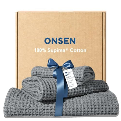 ONSEN Supima® Waffle Bath Sheet Set, Quick Dry Lint Free 100% USA Cotton, Large Bath Sheet Hand and Face Towel Bundle, 3 Piece (Cinder Grey, Bath Sheet Set) - color: Cinder Grey, size: Bath Sheet Set