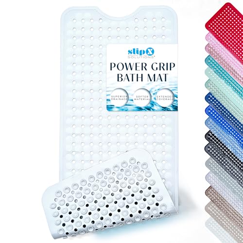 SlipX Solutions 39"x16" Power Grip Non Slip Bathtub Shower Mat, White | Stronger Wet Surface Protection, Soft Under Foot, 265+ Suction Cups, Large Drainage Holes - color: Solid White