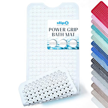 SlipX Solutions 39"x16" Power Grip Non Slip Bathtub Shower Mat, White | Stronger Wet Surface Protection, Soft Under Foot, 265+ Suction Cups, Large Drainage Holes - color: Solid White